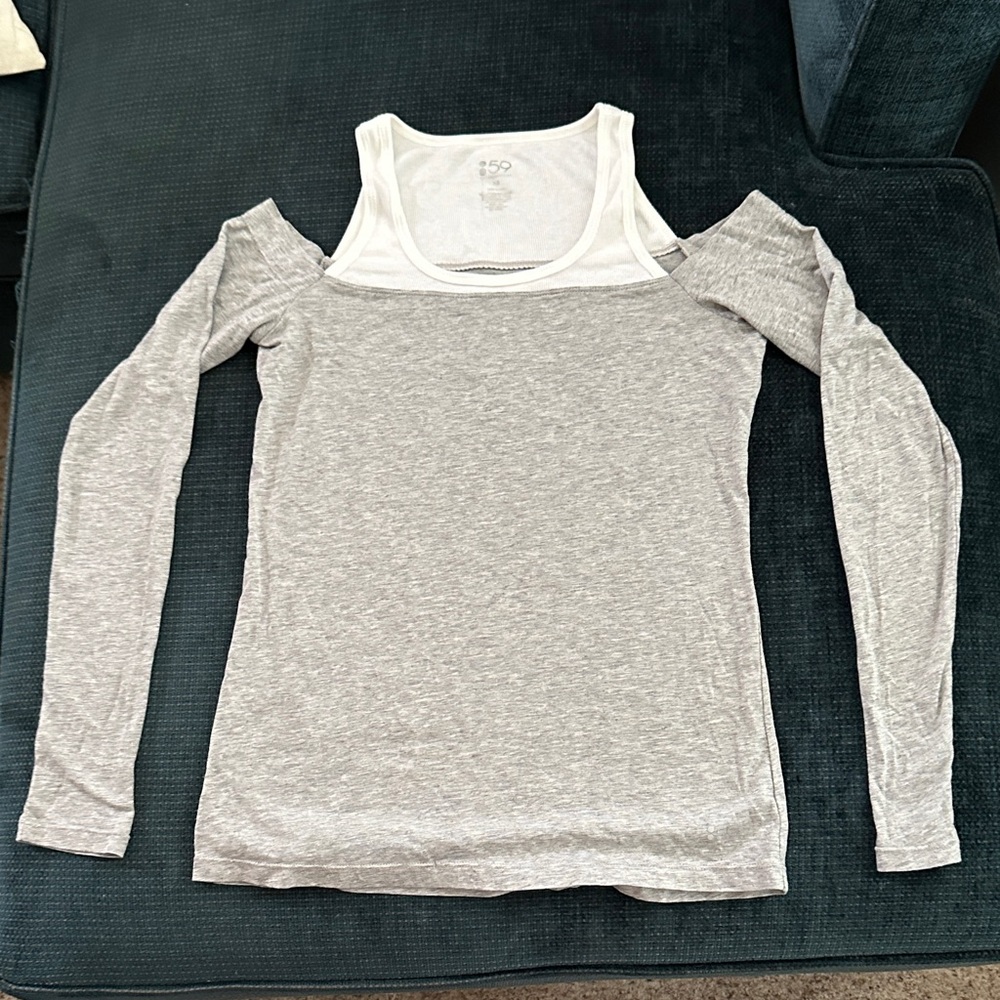 Splits59 Gray and White Cold Shoulder Long Sleeve Top